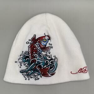 Don Ed Hardy Koi Fish Rhinestone Beanie Ivory Genuine Y2K